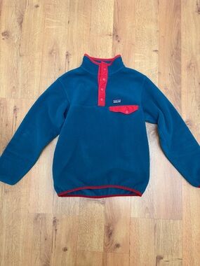 Patagonia Kid’s Teal Fleece Pullover with Red Trim